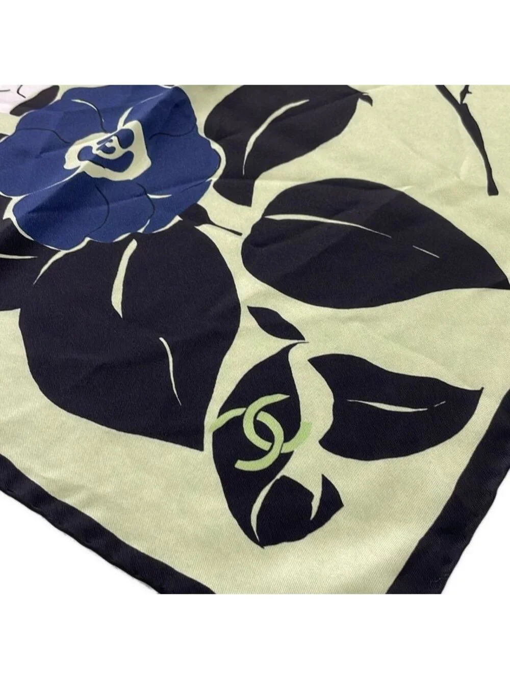 Chanel Scarf Light Green Black Multi Camellia CC Logo